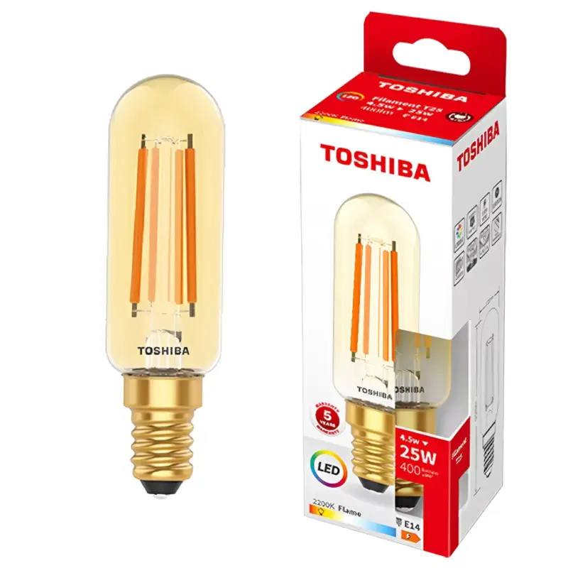 Csak ma E14 T25 LED izzó 4,5W = 25W 400lm 2200K meleg izzószál borostyán TOSHIBA