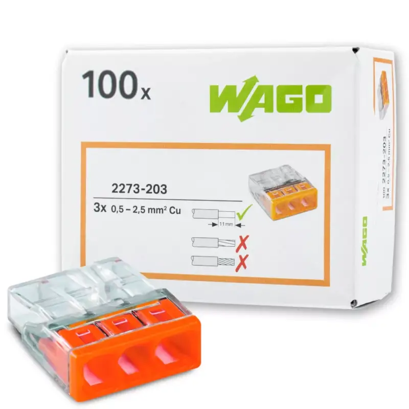 Legjobb ár 100x WAGO 2273-203 gyorscsatlakozós beépítési csatlakozó vezetékhez 3x0,5-2,5 mm