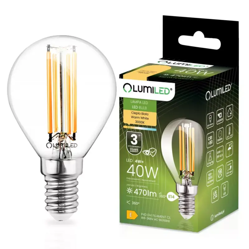 LED izzó E14 P40 4W = 40W 470lm 3000K meleg 360°-os izzószál LUMILED Akció
