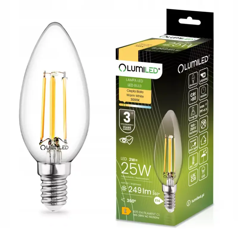 Exkluzív ajánlat LED izzó E14 B35 2W = 25W 249lm 3000K Meleg 360°-os izzószál LUMILED