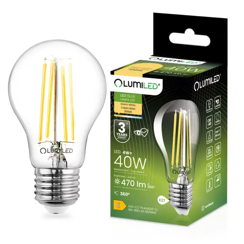 Olcsóbb LED izzó E27 A60 4W = 40W 470lm 3000K meleg 360°-os izzószál LUMILED