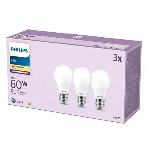 3 db LED izzós készlet E27 A60 7W = 60W 806lm 2700K meleg izzószál tejes PHILIPS Gyors szállítás