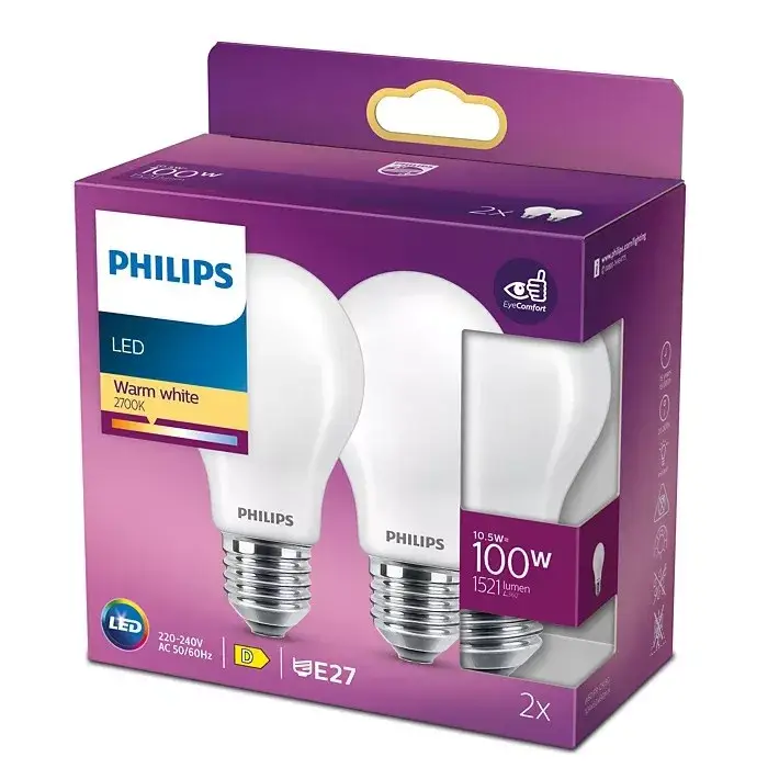 2 db LED izzó készlet E27 A60 10,5W = 100W 1521lm 2700K melegszálas tejes PHILIPS Outlet