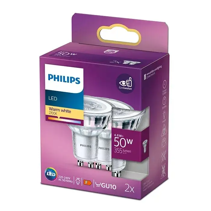 Végkiárusítás 2x LED halogén izzó készlet GU10 PAR16 4.6W = 50W 355lm 2700K Meleg 36° PHILIPS
