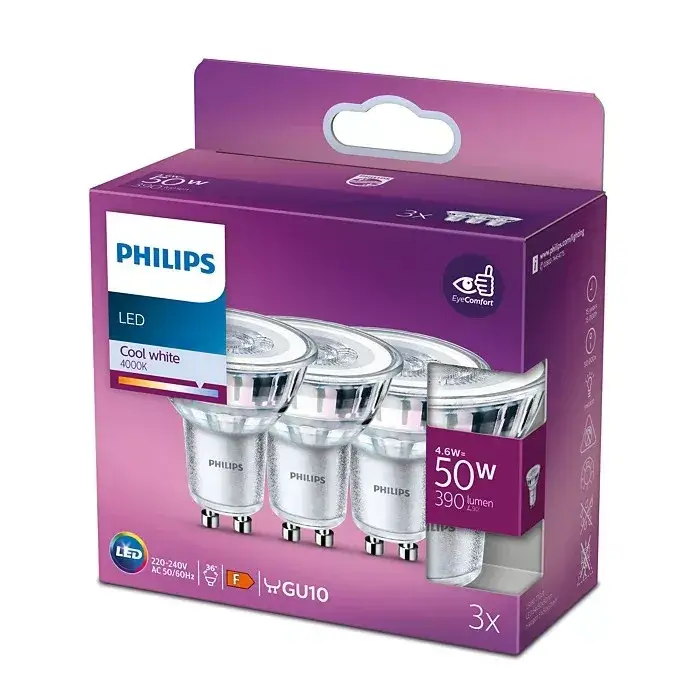 3x LED halogén izzó készlet GU10 PAR16 4.6W = 50W 390lm 4000K Semleges 36° PHILIPS Végkiárusítás