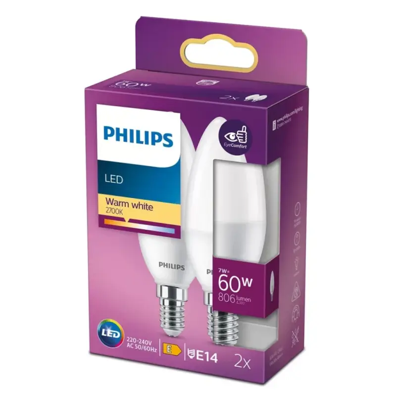 Olcsóbb 2 db LED-es gyertyakörte készlet E14 B38 7W = 60W 806lm 2700K meleg PHILIPS