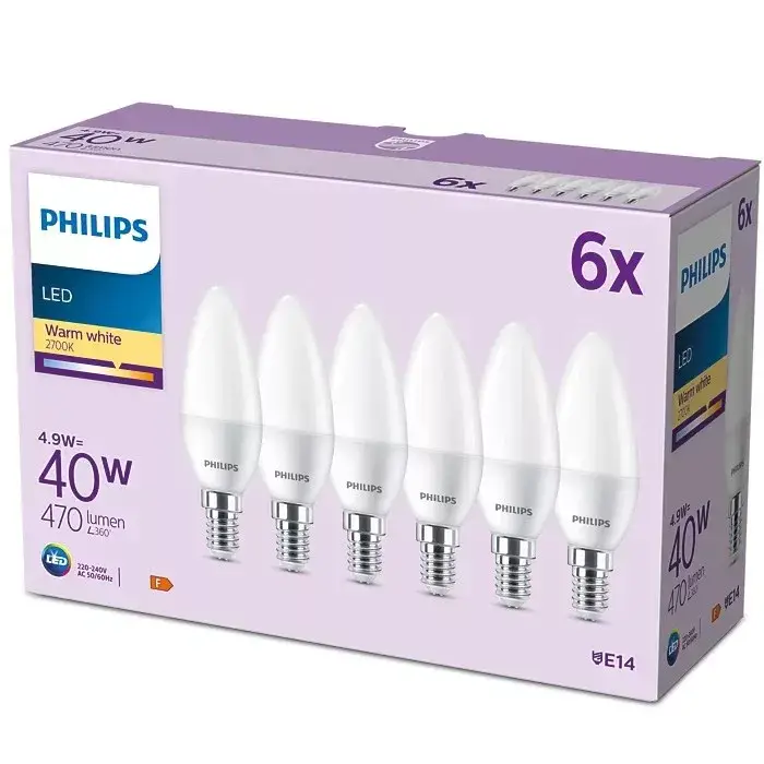 6 db LED-es gyertyakörte készlet E14 B35 4,9W = 40W 470lm 2700K meleg matt PHILIPS Kihagyhatatlan ajánlat