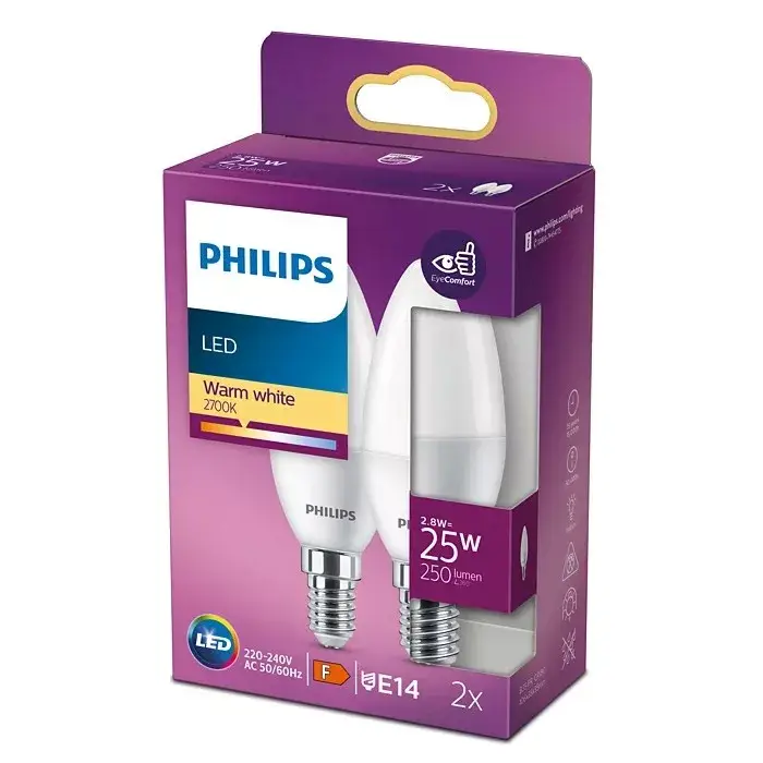Kedvezmény 2 db LED-es gyertyakörte készlet E14 B35 2,8W = 25W 250lm 2700K meleg PHILIPS
