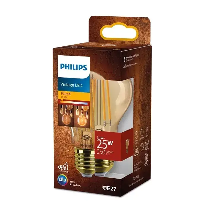LED izzó E27 A60 3.1W = 25W 250lm 1800K meleg izzószál borostyán PHILIPS Legnépszerűbb