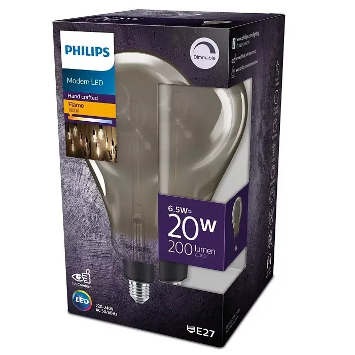 LED izzó E27 A160 6.5W = 20W 200lm 1800K melegszálas füstölt PHILIPS szabályozható Azonnal elérhető