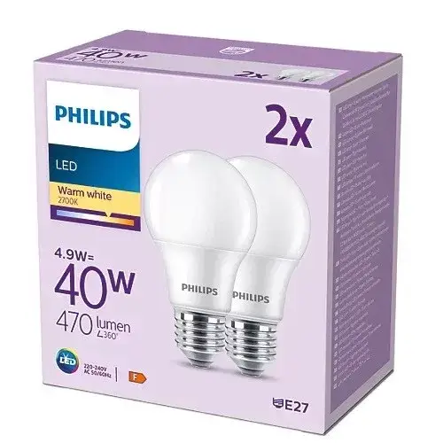Legkelendőbb 2x LED izzó készlet E27 A60 4.9W = 40W 470lm 2700K Meleg 180° PHILIPS