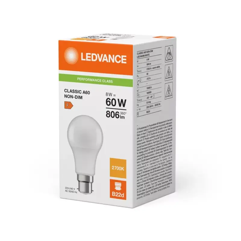 Szuper akció LED izzó A60 B22d 8W = 60W 806lm 2700K meleg fehér LEDVANCE
