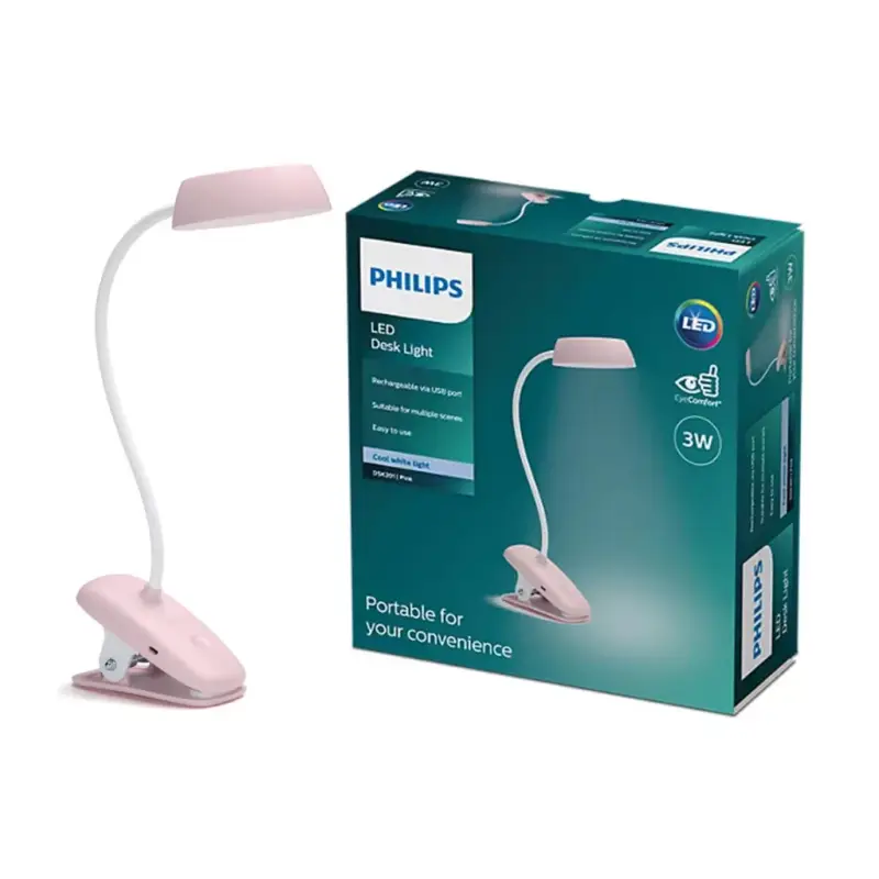 Biztonságos fizetés LED asztali lámpa DONUTCLIP 3W 4000K fényerő-szabályozható USB rózsaszín bilinccsel PHILIPS