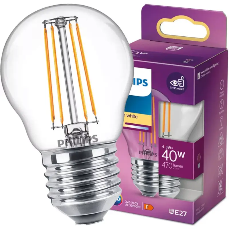 LED izzó E27 P45 4.3W = 40W 470lm 2700K meleg izzószál PHILIPS Alacsony ár