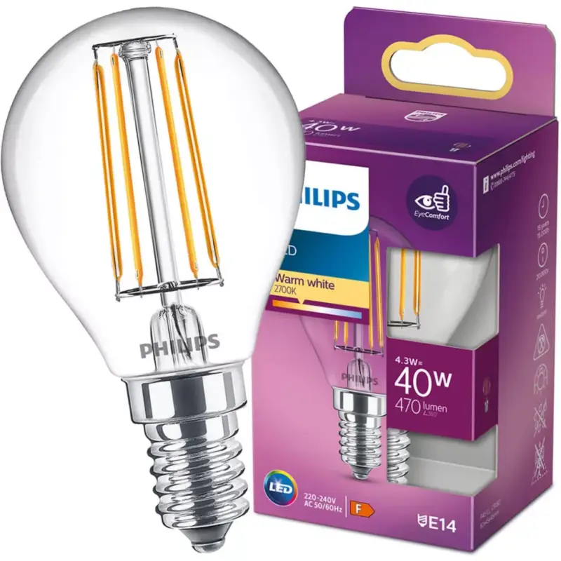 LED izzó E14 P45 4.3W = 40W 470lm 2700K meleg izzószál PHILIPS Végkiárusítás