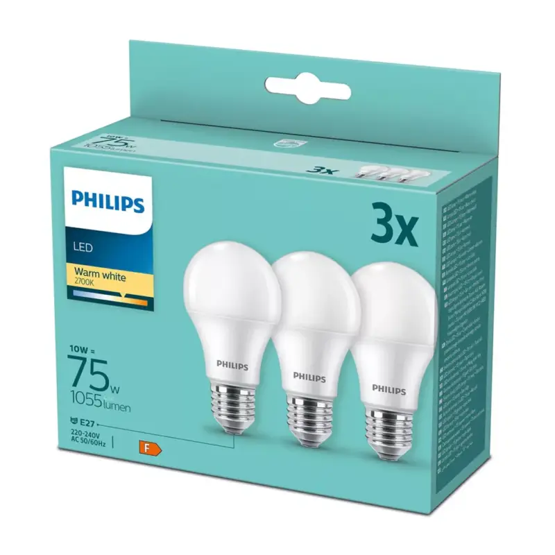 3PAK LED izzó E27 A60 10W = 75W 1055lm 2700K Meleg PHILIPS Biztonságos fizetés