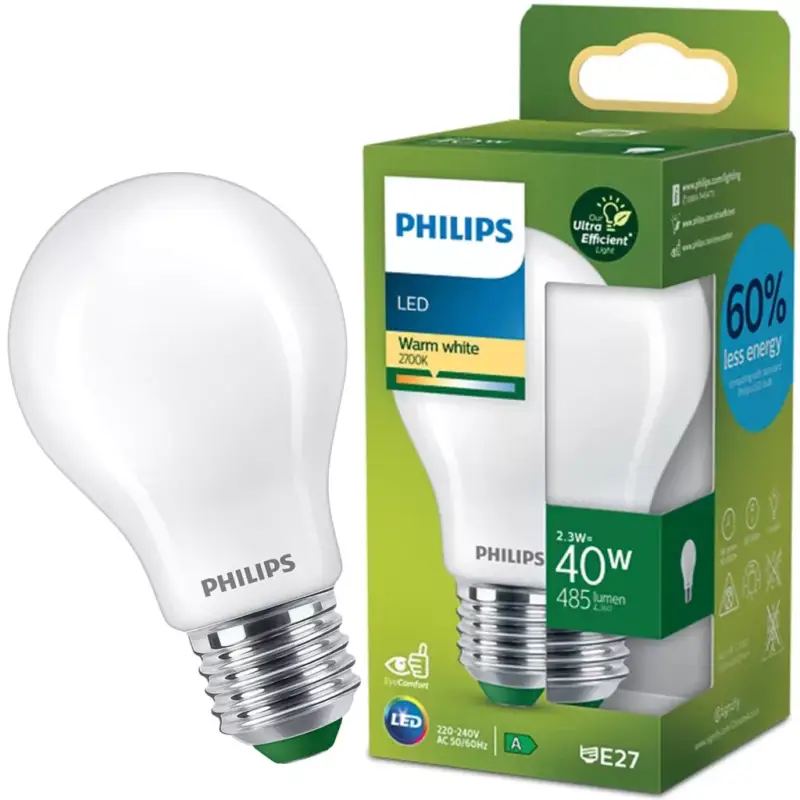 LED izzó E27 A60 210.9lm/W 2.3W = 40W 485lm 2700K meleg izzószálas tejszerű PHILIPS rendkívül hatékony Akció