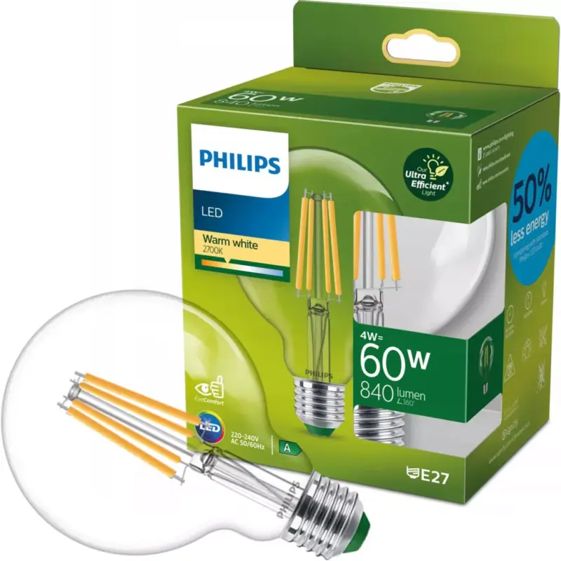 Utolsó esély LED Globe izzó E27 210lm/W G95 4W = 60W 840lm 2700K meleg izzószál PHILIPS Ultra Hatékony