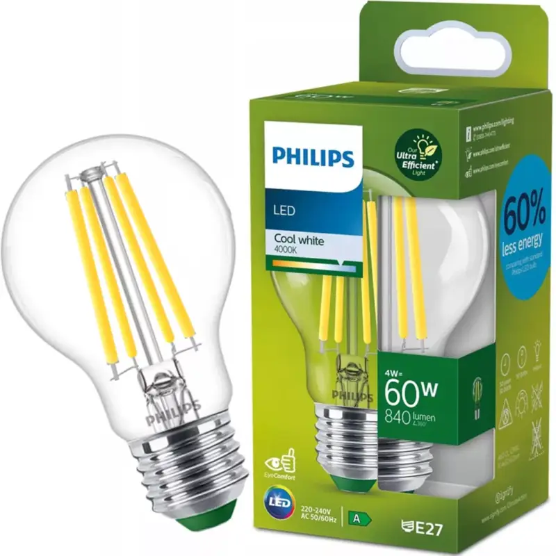 Vedd meg online LED izzó E27 A60 210lm/W 4W = 60W 840lm 4000K semleges izzószál PHILIPS Ultra Hatékony