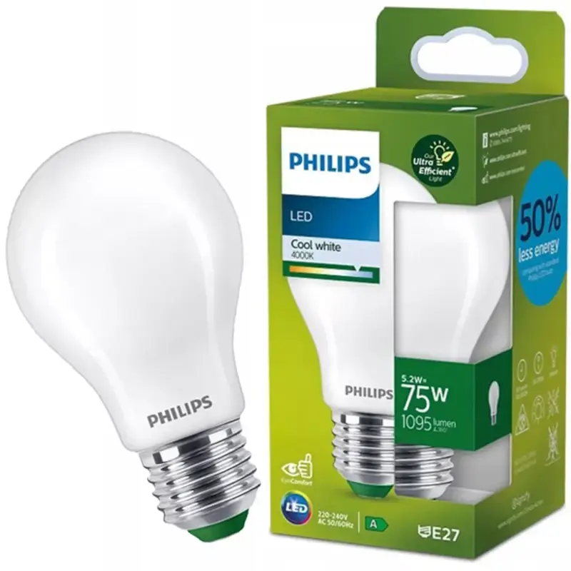 LED izzó E27 A60 210.6lm/W 5.2W = 75W 1095lm 4000K semleges szálas tejszerű PHILIPS rendkívül hatékony Népszerű