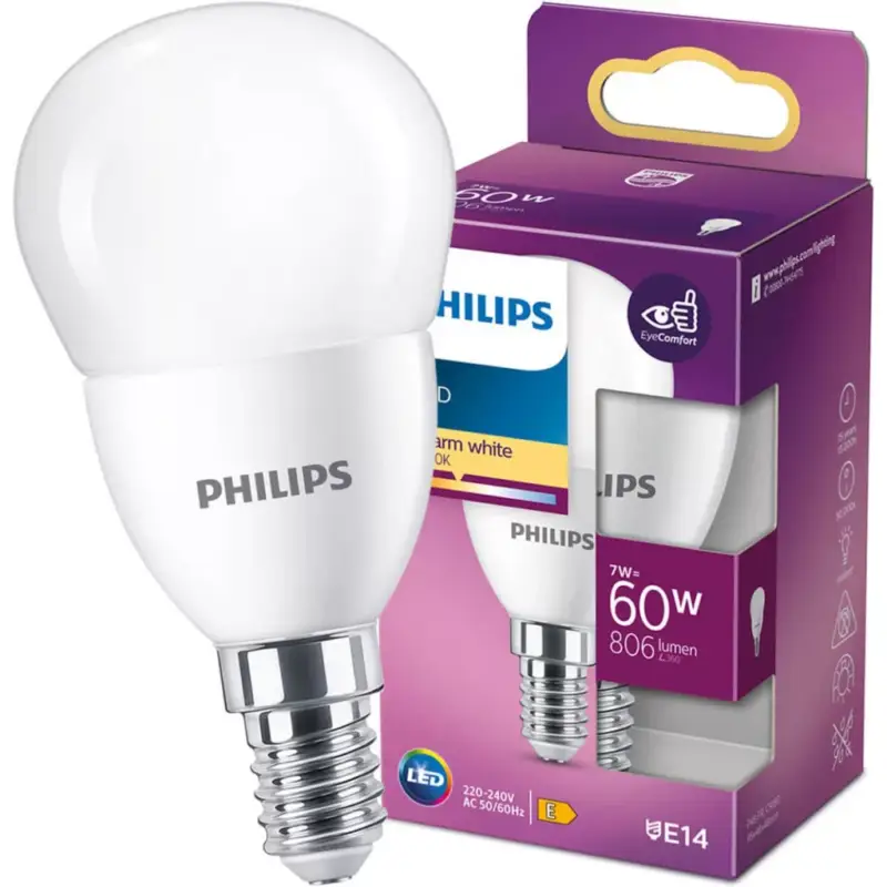 Utolsó esély LED izzó E14 P48 7W = 60W 806lm 2700K Meleg PHILIPS