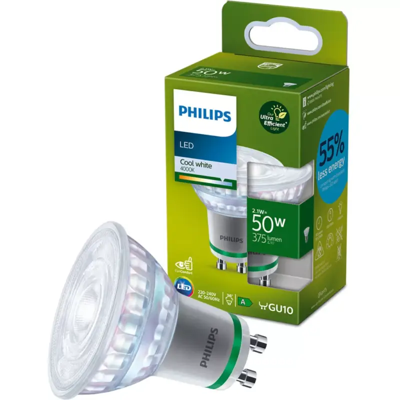 LED halogén izzó GU10 190.5lm/W PAR16 2.1W = 50W 400lm 4000K Semleges 36° PHILIPS Ultra Hatékony Korlátozott ajánlat