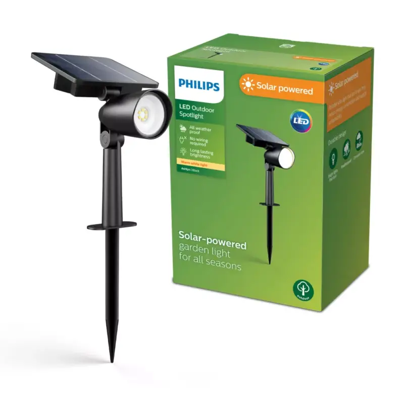 Napelemes kerti lámpa LED-es spotlámpa 1,4W 150lm 2700K IP44 alkonyérzékelővel Fekete Ashlyn Philips Árengedmény