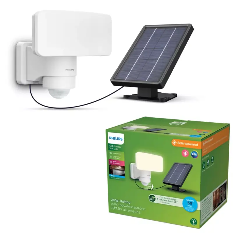 Napelemes LED-es reflektor 6W 1000lm 5000K IP44 mozgás- és szürkületérzékelővel, fehér Tylus Ultra hatékony Philips Utolsó esély