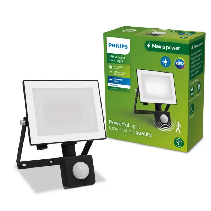 Korlátozott ajánlat LED reflektor lámpa reflektor 20W 2050lm 3000K IP65 mozgás- és alkonyérzékelővel, Black Lois Philips