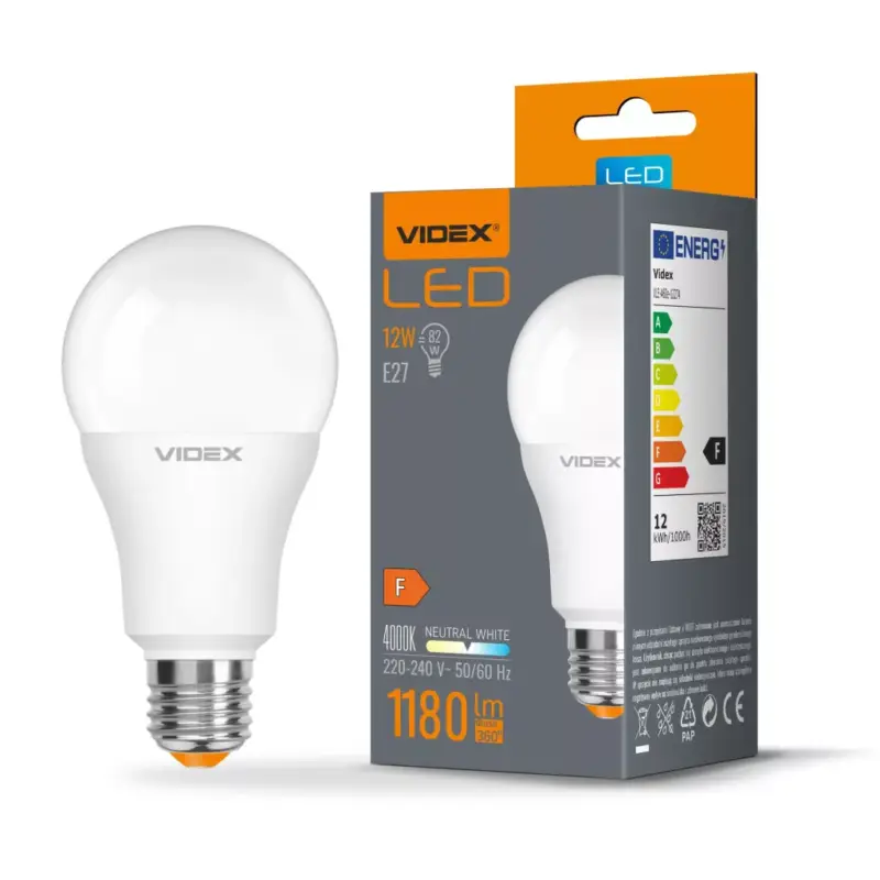 LED izzó E27 A60 12W = 82W 1180lm 4000K Semleges 240° Videx Azonnali szállítás