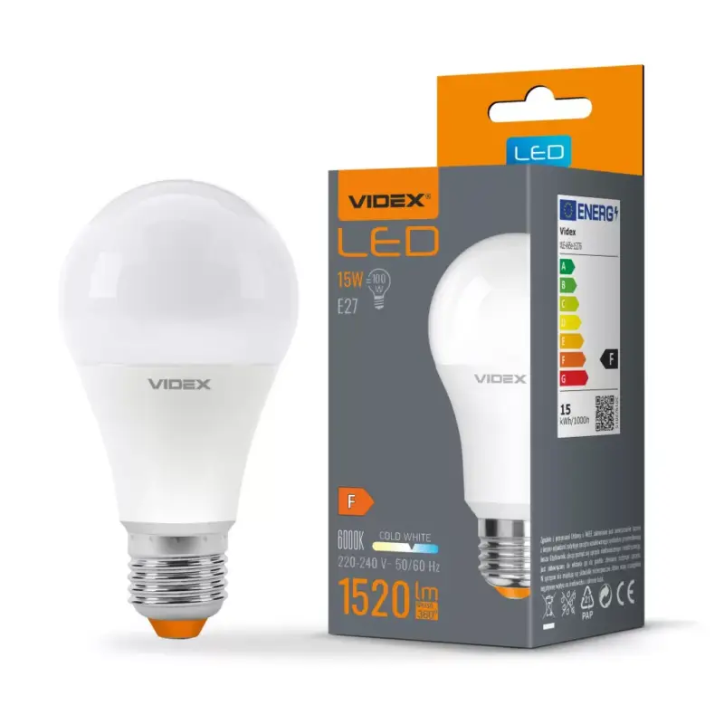 LED izzó E27 A65 15W = 100W 1520lm 6000K hideg 240° Videx Outlet