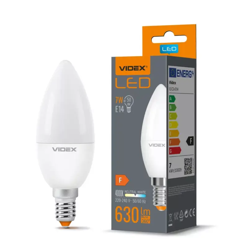 LED izzó E14 C37 gyertya 7W = 50W 630lm 4000K semleges 220° Videx Biztonságos fizetés