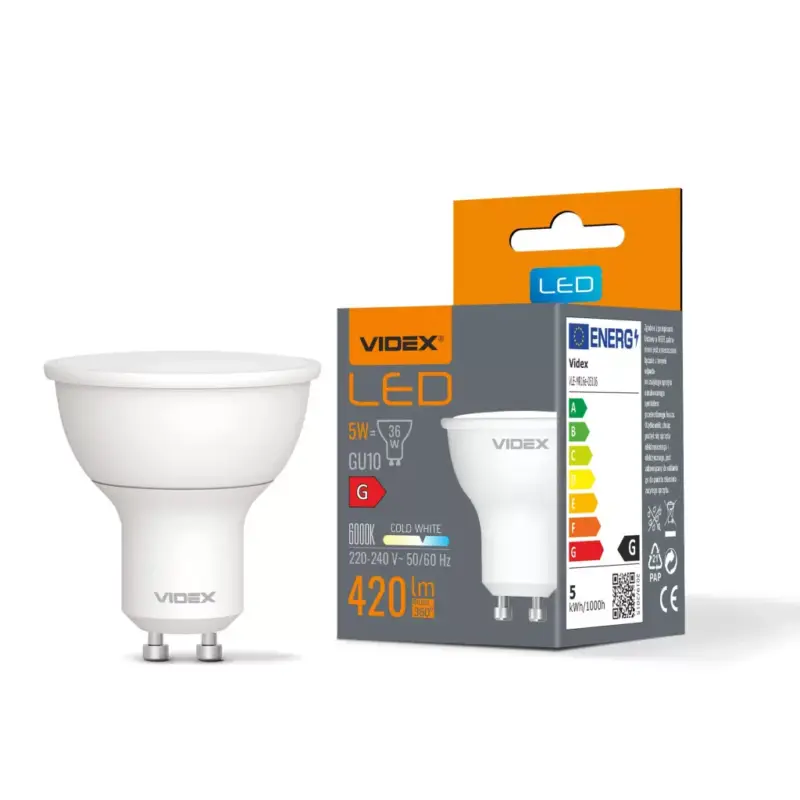 Újdonság LED izzó GU10 Spotlámpa 5W = 36W 420lm 6000K Hideg 120° Videx