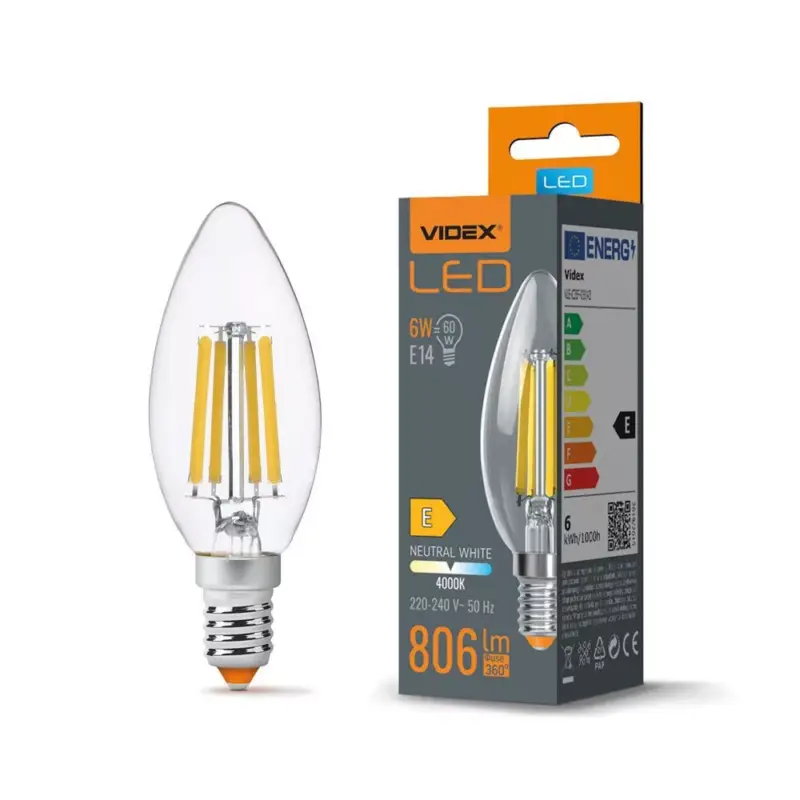 Akció LED izzó E14 C35 Gyertya 6W = 60W 806lm 4000K Semleges 360° FILAMENT Videx