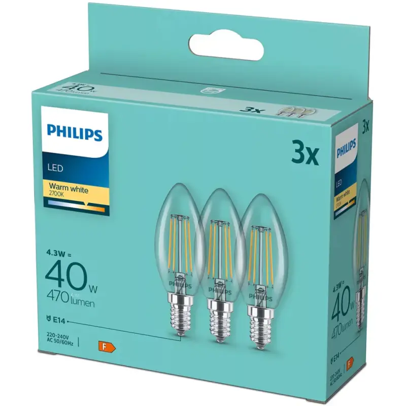 Rendeld meg most 3x LED izzó E14 Candle B35 4,3W = 40W 470lm 2700K meleg FILAMENT Philips