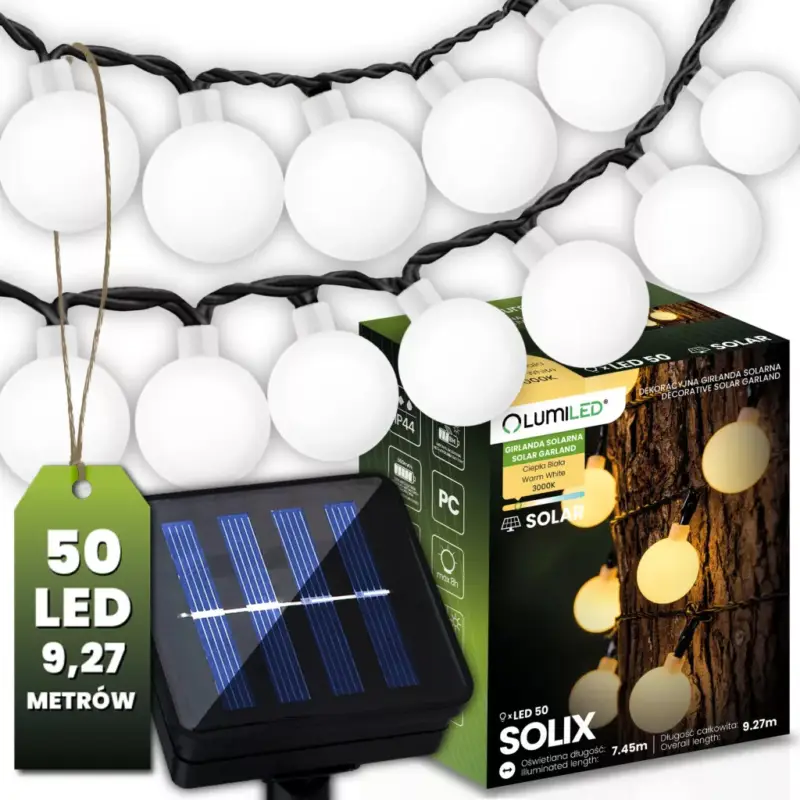 Akció Napelemes kerti girland 50x LED dekoratív gömbök 9,27 m 3000K Meleg SOLIX LUMILED