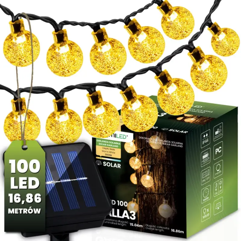 Napelemes kerti girland 100x LED dekoratív gömbök 16,86 m 3000K Meleg GALLA3 LUMILED Outlet