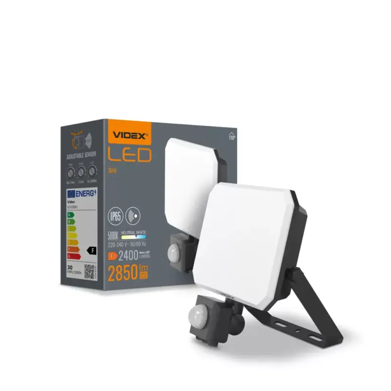 LED reflektor 30W 2850lm 5000K Hidegfényű mozgás- és alkonyérzékelővel, fekete, tejszerű burával, Videx Biztonságos fizetés