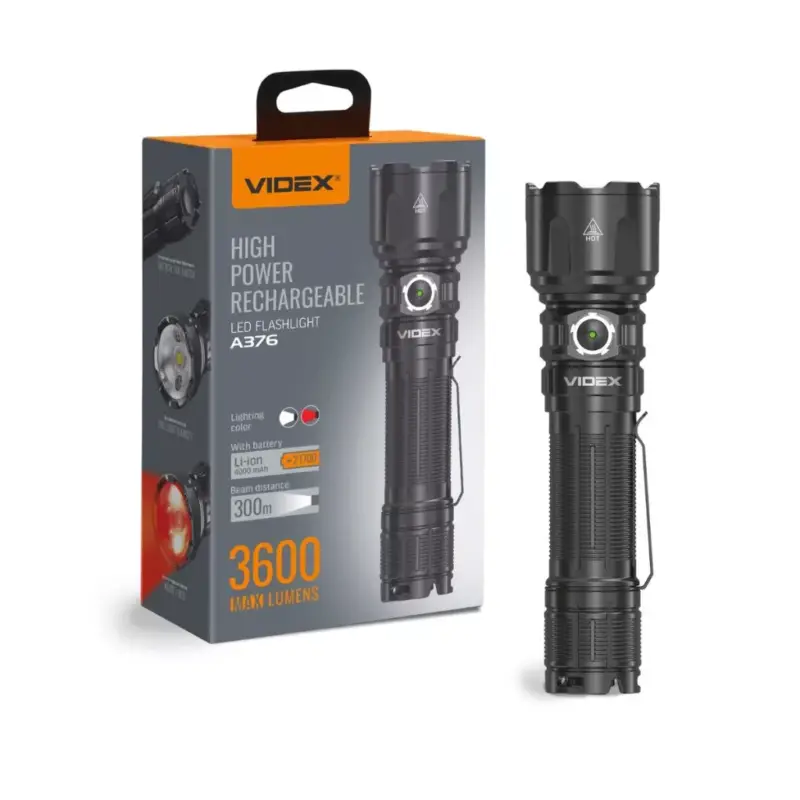 Biztonságos fizetés Taktikai LED zseblámpa, hordozható, 20 W, 3600 lm, 5000 K, fényszóró, 8 üzemmód, VLF-A376, Videx