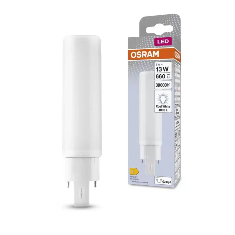 LED fénycső, egyoldalas, G24q-1, 6W = 13W, 660lm, 4000K, semleges, 120°, DULUX LED D/E HF és AC, Osram Korlátozott ajánlat