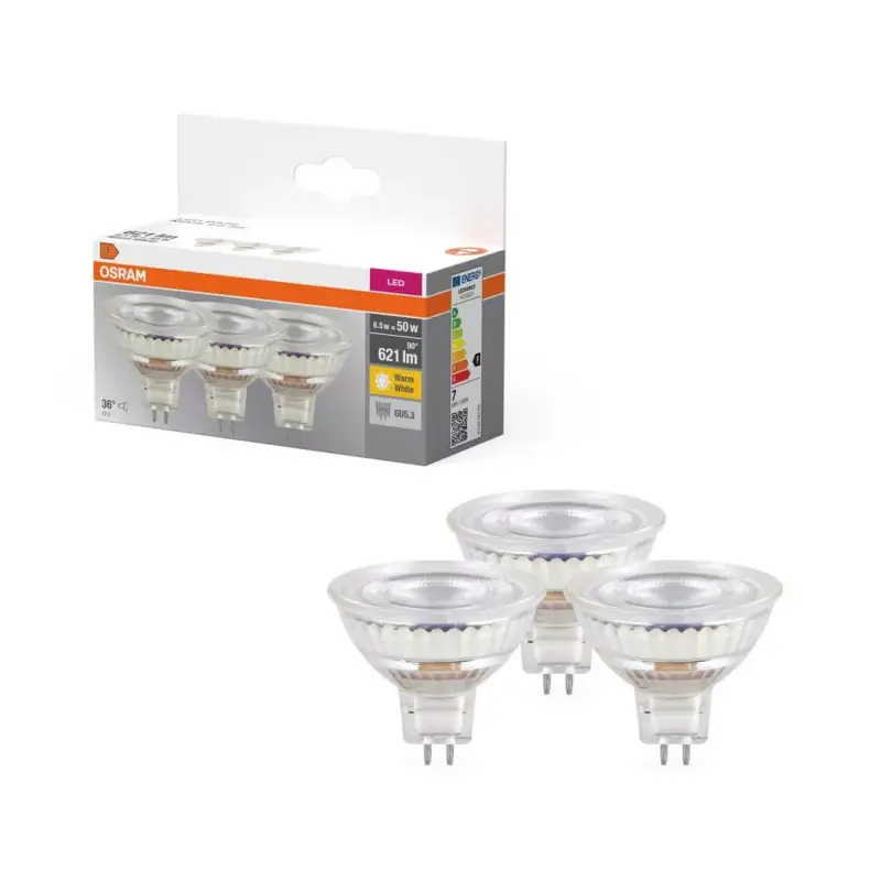 3x LED izzó MR16 reflektor GU5.3 6.5W = 50W 621lm 2700K meleg fehér 12V 36°-os foglalat Osram Rendeld meg most