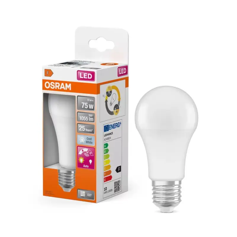 Alacsony ár LED izzó A60 E27 10W = 75W 1055lm 4000K Semleges 200° alkonyszenzorral Classic Osram