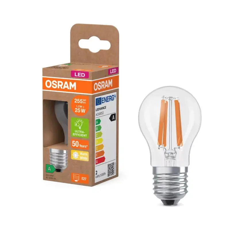 Ne maradj le LED izzó P45 gömb alakú E27 1.2W = 25W 255lm 2700K Meleg 330° 213lm/W ENERGY CLASSIC EFFICIENCY Osram