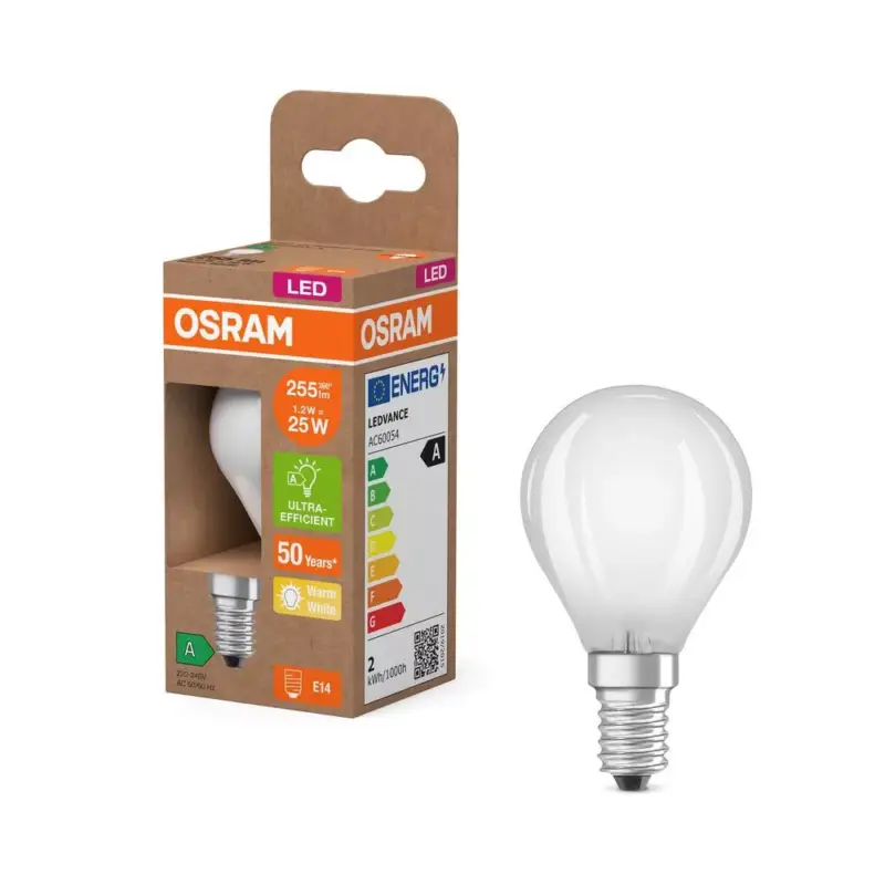 Kedvezményes ár LED izzó P45 gömb alakú E14 1.2W = 25W 255lm 2700K Meleg 330° 213lm/W ENERGY CLASSIC EFFICIENCY Osram