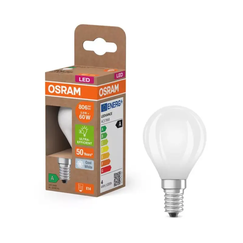 Kihagyhatatlan ajánlat LED izzó P45 gömb alakú E14 3.8W = 60W 806lm 4000K Semleges 330° 213lm/W KLASSZIKUS ENERGIAHATÉKONYSÁG Osram