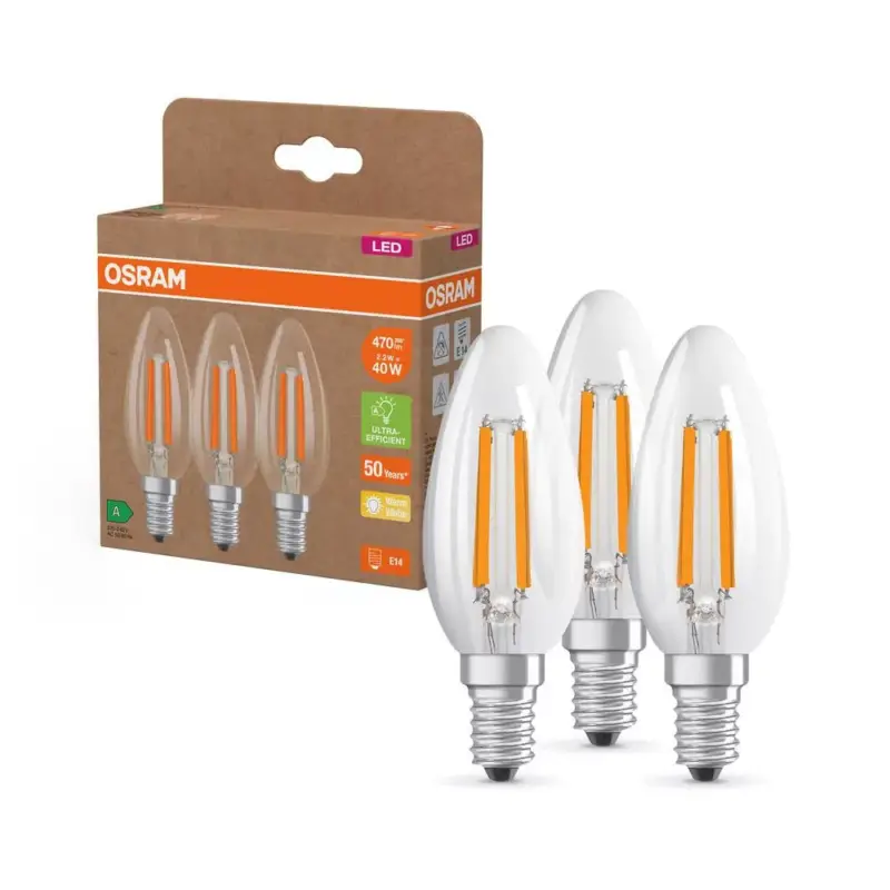 3x LED izzó B35 gyertya E14 2.2W = 40W 470lm 2700K Meleg 330° 214lm/W ENERGIA CLASSIC EFFICIENCY Osram Akció