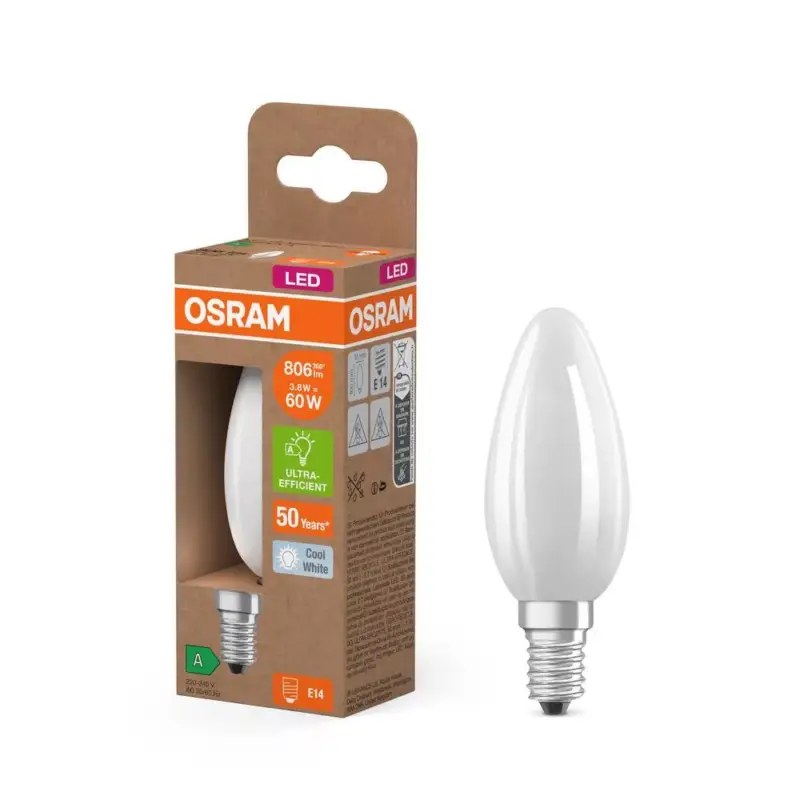 LED izzó B35 gyertya E14 3.8W = 60W 806lm 4000K semleges 330° 213lm/W KLASSZIKUS ENERGIAHATÉKONYSÁG Osram Népszerű