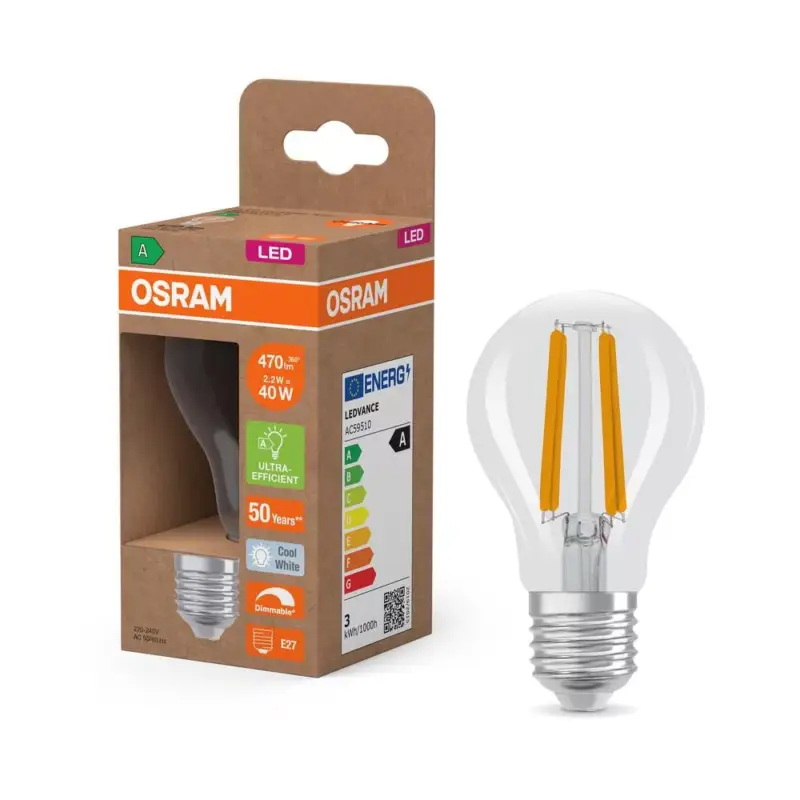 LED izzó A60 E27 2.2W = 40W 470lm 4000K Semleges 320° Szabályozható CLASSIC Osram Azonnali szállítás
