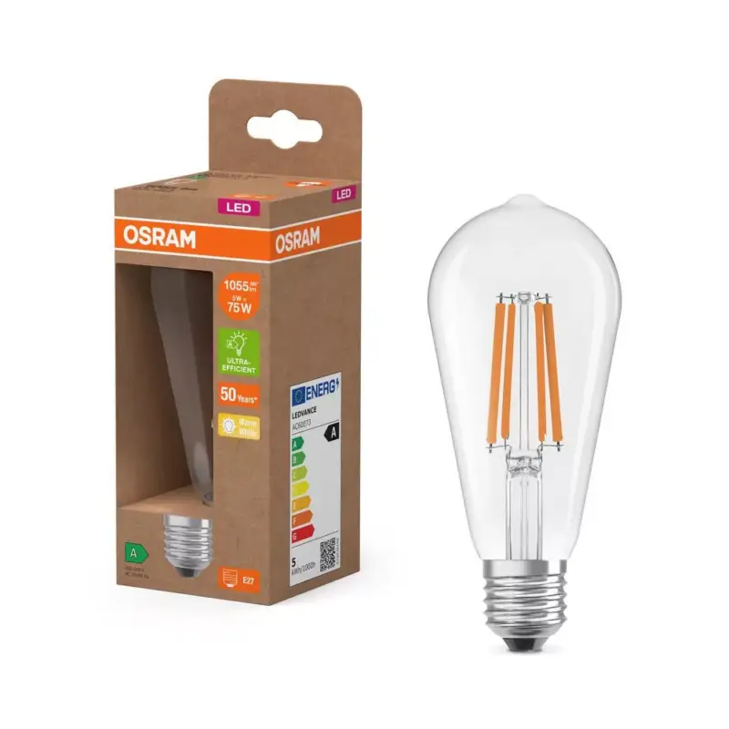 Vedd meg most LED izzó ST64 E27 5W = 75W 1055lm 2700K Meleg 330° Izzószálas KLASSZIKUS ENERGIAHATÉKONYSÁG Osram