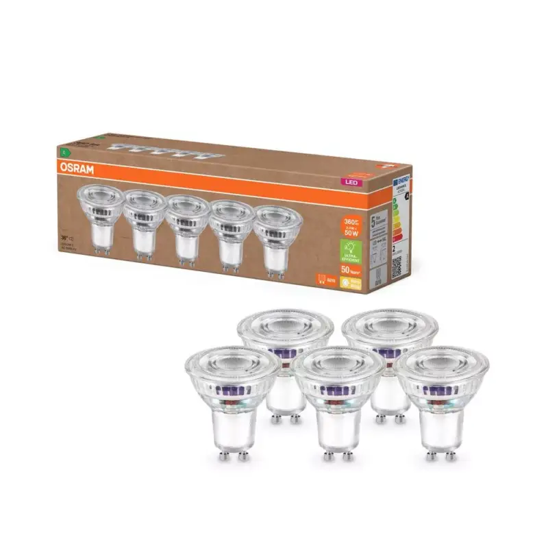 5x LED izzó PAR16 reflektor GU10 2W = 50W 360lm 2700K Meleg 36° 180lm/W ENERGIAHATÉKONYSÁG Osram Legjobb ár